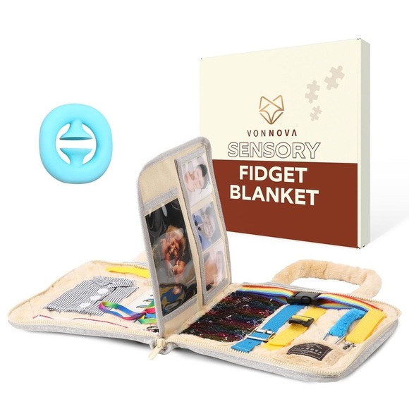 Sensory Fidget Blanket - Beige and Blue - Picture 1 of 14